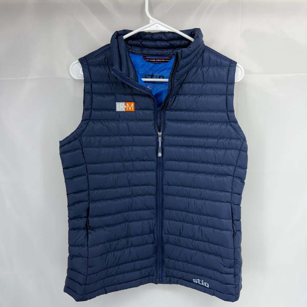 Stio Women M Ultralight Down Puffer Vest Packable LOGO Blue Full Zip Insulated
